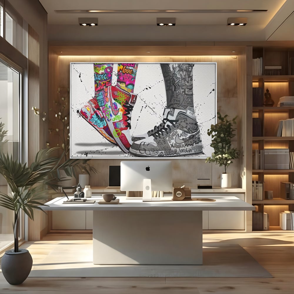 Tablou canvas cu tablou canvas cu adidasi graffiti si picioare, in rama de aluminiu argintiu, pe perete intr-un birou